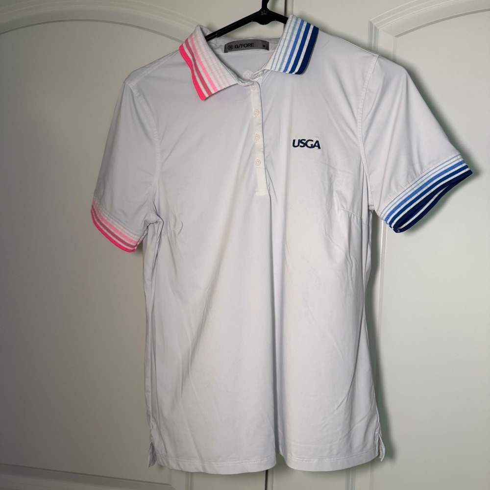 G/FORE Womens USGA Golf Polo Shirt White Pink Blue Ombre Stripe Size M